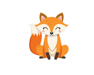 Obraz premium Cute cartoon fox, smiling orange fox, adorable animal illustration, vector graphic