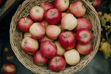 Freshly harvested apples displayed in a rustic basket on a minimal backdrop for fall-themed collections and culinary imagery