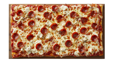 Pepperoni Pizza on Wooden Board: A mouthwatering close-up shot of a perfectly crafted pepperoni pizza with melted cheese and a scattering of herbs, resting on a rustic wooden board.  