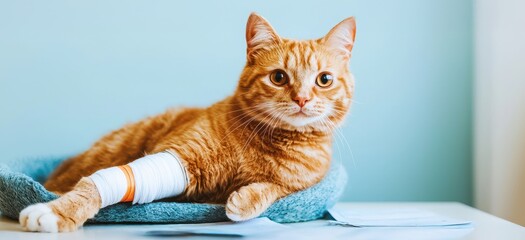 A ginger cat with a bandaged paw rests comfortably in a cozy bed against a soft blue background.