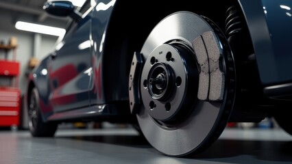 Fototapeta premium Brake pads replacement, Garage interior with tools detailed car brake disc with new pads photorealistic.