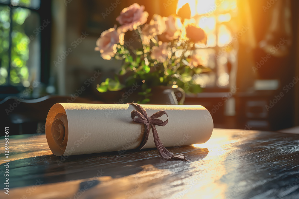Poster rolled up roll of paper on a wooden table in a minimalist setting