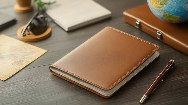 stylish brown leather notebook placed on wooden desk, surrounded by travel essentials like globe, sunglasses, and map, evokes sense of adventure and exploration