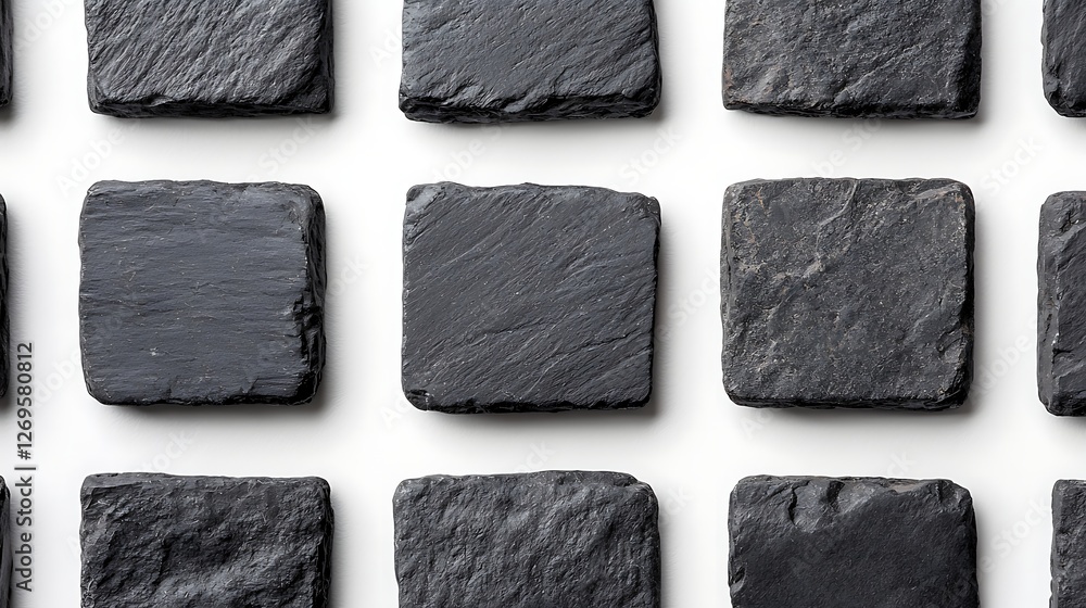Poster a close-up view of dark, textured square tiles arranged in a grid pattern, showcasing a modern desig