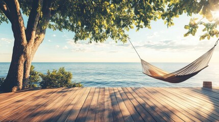 Hammock hangs from tree overlooking ocean on wooden deck