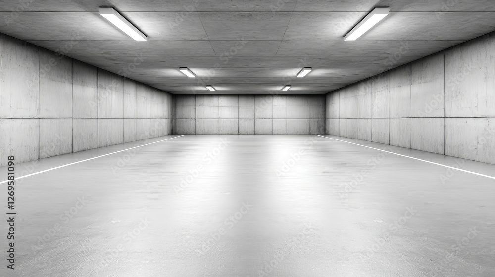 Poster spacious and empty parking garage with concrete walls and bright overhead lights, creating modern an