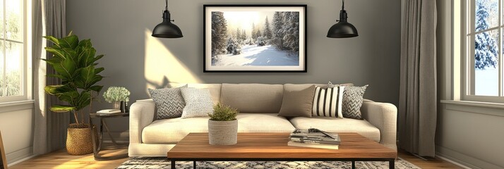 Cozy Living Room Featuring Winter Landscape Artwork