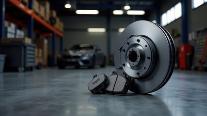 Brake pads replacement, Spacious garage brake pads with sensors photorealistic.