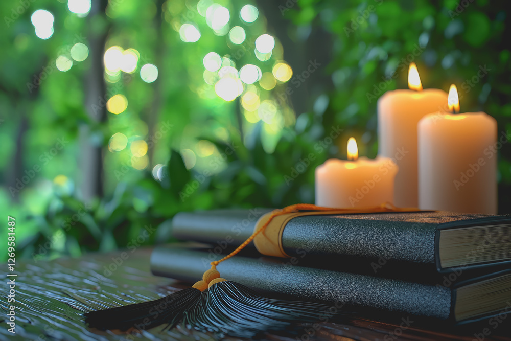 Poster a book with a lit candle resting on top of its pages in a dimly lit setting