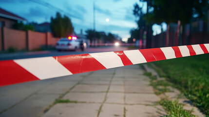 red and white barrier tape stretches across sidewalk, indicating restricted access. police car is visible in background, enhancing scene urgency and caution