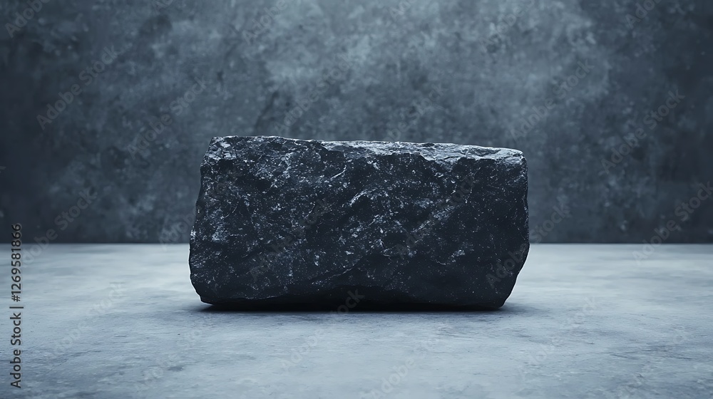 Aufkleber a textured black stone rests on a gray surface, illuminated softly, creating a minimalistic and mode