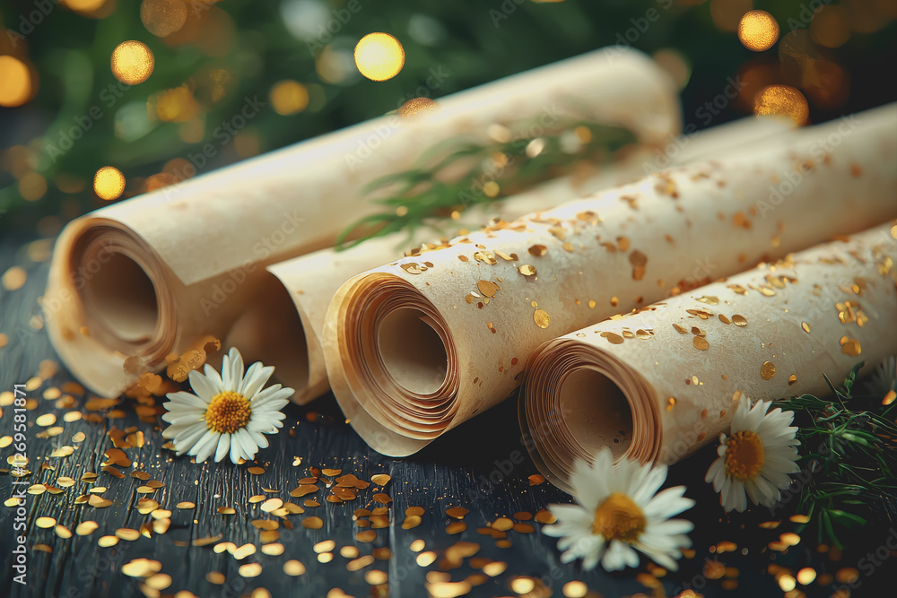 Poster multiple rolled up papers stacked neatly on a flat surface in a bright environment