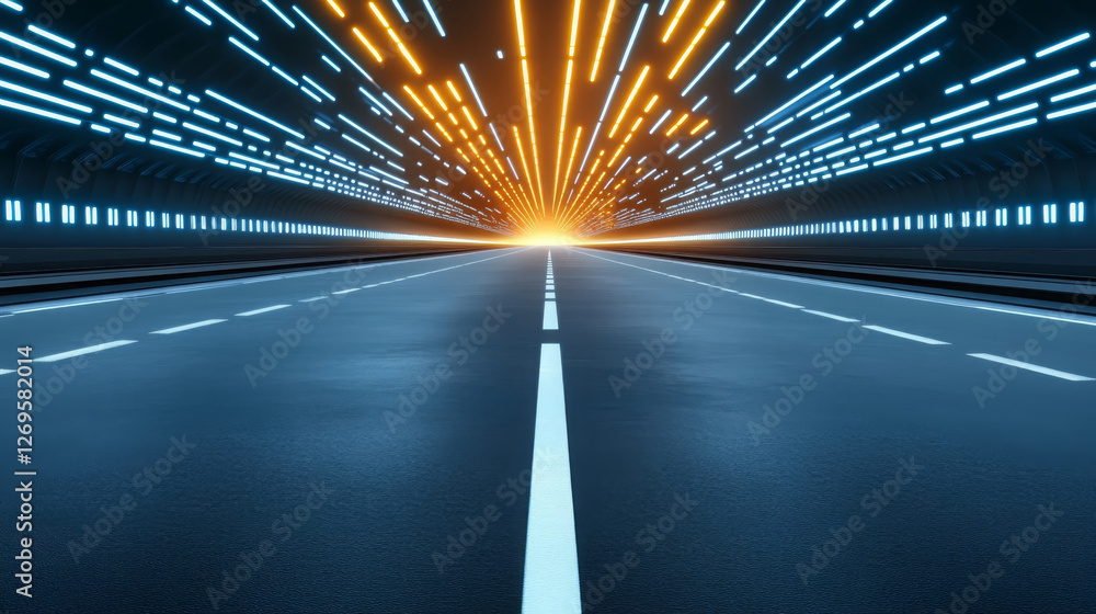 Poster straight asphalt road in tunnel illuminated by vibrant lights, creating dynamic and futuristic atmos