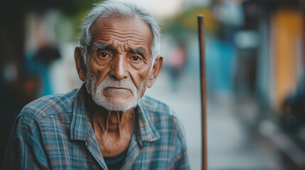 An old man with a beard and gray hair is sitting on a bench