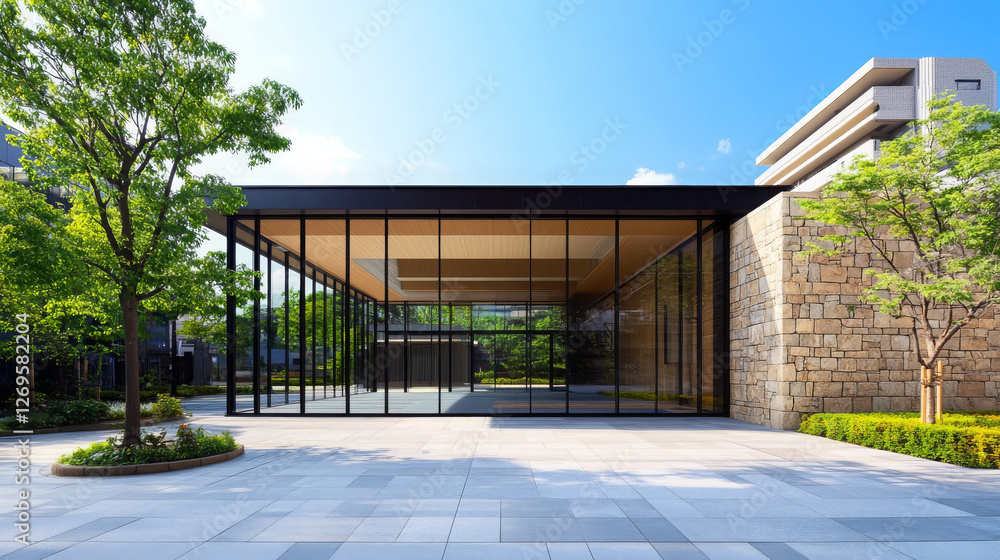 Poster modern glass and steel building surrounded by greenery, featuring large windows and stone facade, cr