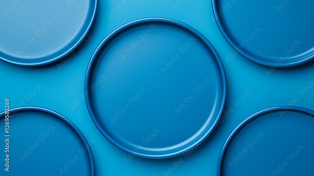 Poster a collection of blue circular plates arranged on a matching blue surface, creating a harmonious and 
