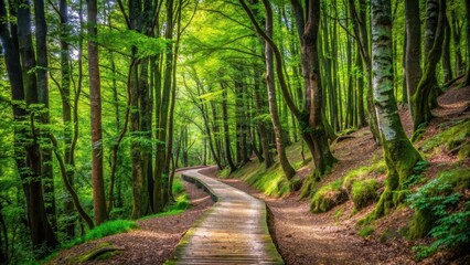 Fototapeta premium path made of wood winding through a forest with trees and plants of various shapes and sizes