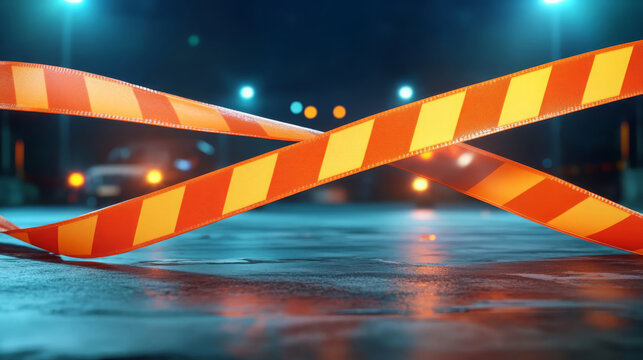 vibrant barrier tape stretches across dimly lit street, creating striking visual contrast against dark background. scene evokes sense of caution and alertness