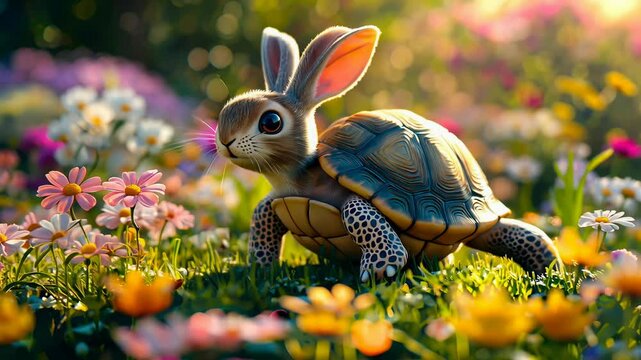 Unique hybrid creature exploring a vibrant meadow filled with wildflowers during golden hour sunlight