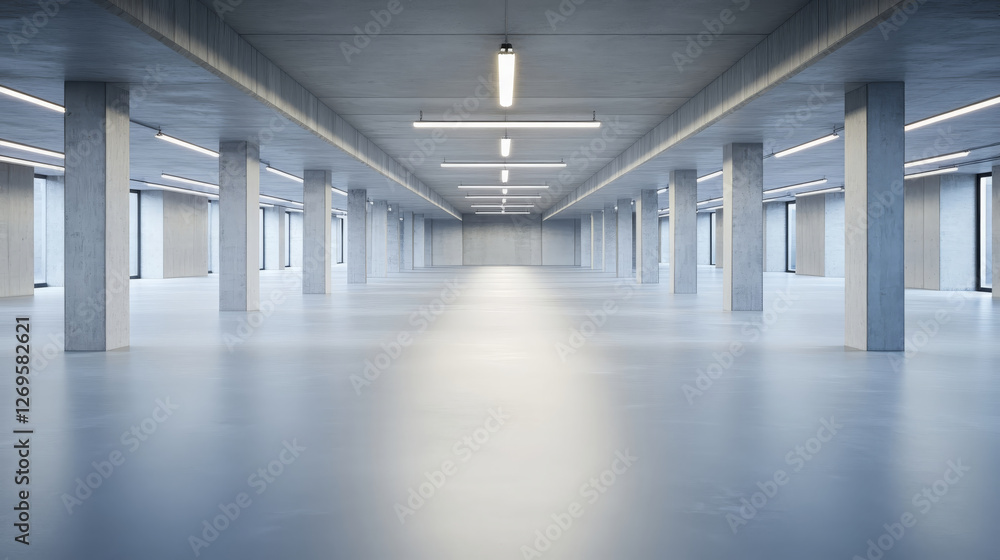 Poster wide angle view of empty parking garage featuring concrete pillars and smooth floor, creating spacio