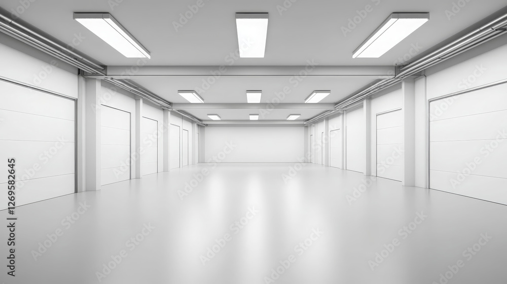 Poster wide angle view of empty parking garage featuring clean lines and bright lighting, creating spacious