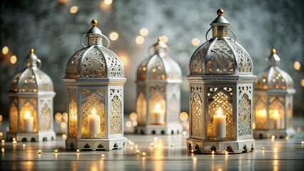 Obraz premium ramadan kareem New Background Ornate Arabic lanterns glowing candles, Ramadan decorations, golden domes, Islamic patterns, soft bokeh background