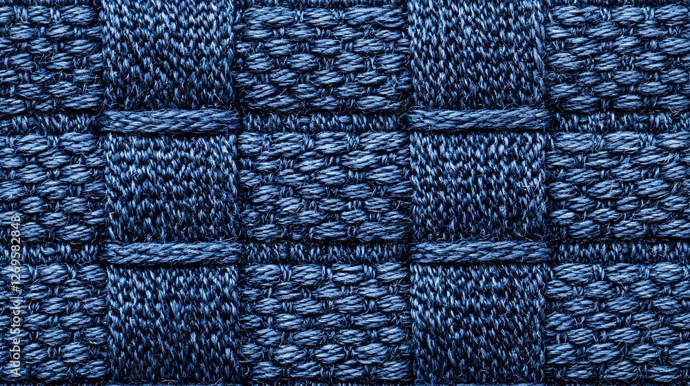 Poster a close-up of a textured blue fabric showcasing a woven pattern with intricate details and varying s