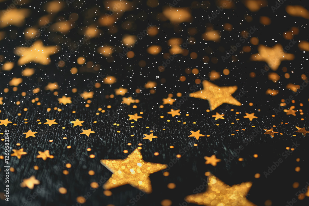 Poster gold stars scattered on a black background creating a festive and elegant atmosphere for design proj