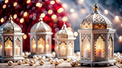 Obraz premium ramadan kareem New Background Ornate Arabic lanterns glowing candles, Ramadan decorations, golden domes, Islamic patterns, soft bokeh background
