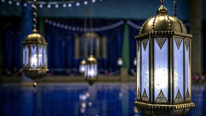 Obraz premium ramadan kareem New Background Ornate Arabic lanterns glowing candles, Ramadan decorations, golden domes, Islamic patterns, soft bokeh background