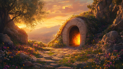 The open tomb of Jesus with the stone rolled aside, golden light spilling out from the entrance, intricate details of the stone walls, surrounded by blooming wildflowers and olive trees,