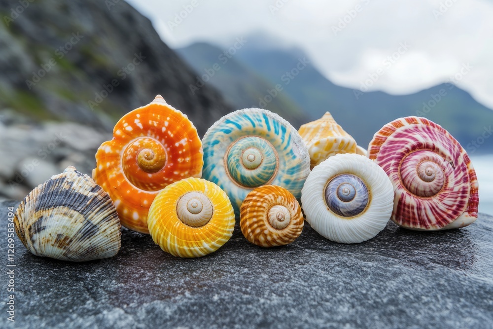 Poster collection of vibrant seashells with swirling patterns arranged on a dark stone against a blurred mo