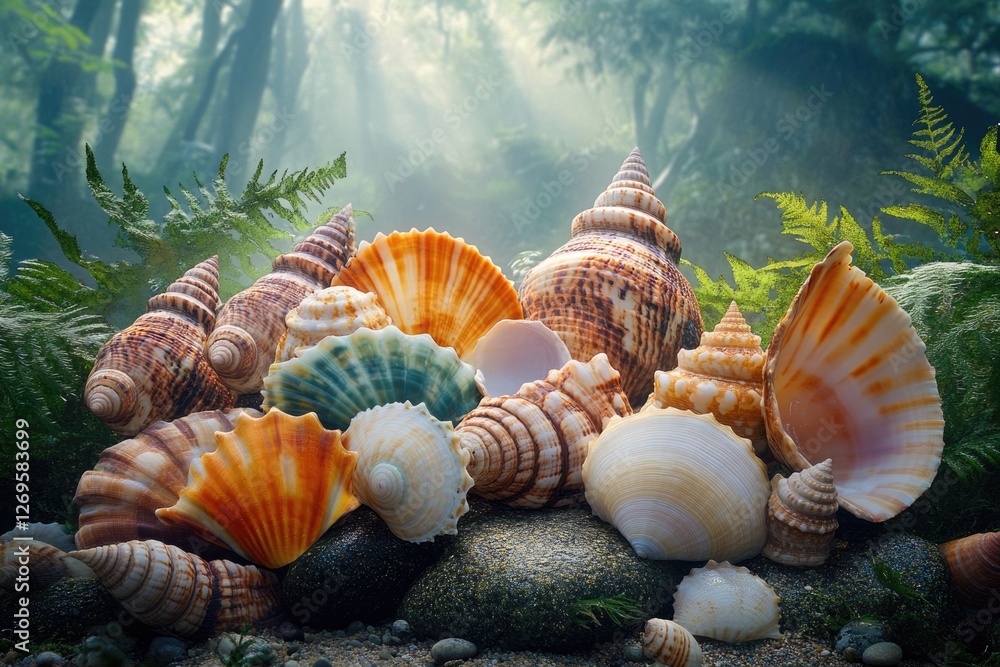 Poster a collection of seashells of various shapes and colors rest on dark rocks, surrounded by lush green 