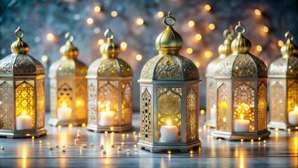 Obraz premium ramadan kareem New Background Ornate Arabic lanterns glowing candles, Ramadan decorations, golden domes, Islamic patterns, soft bokeh background