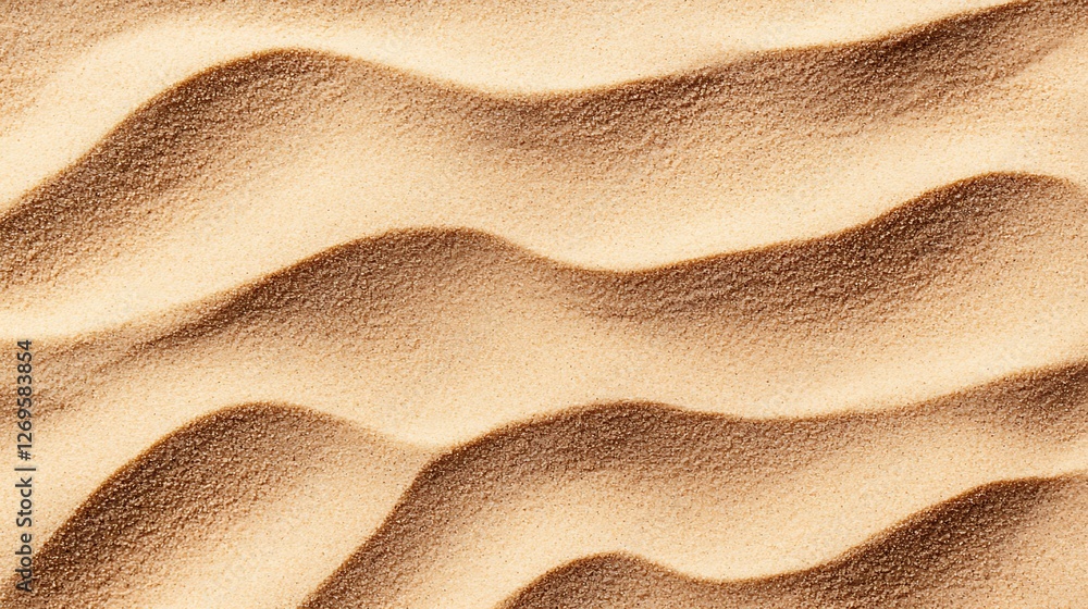 Poster a close-up of smooth, undulating sand dunes, showcasing natural patterns and textures created by win