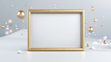 Elegant golden frame displaying blank canvas studio setting digital mockup minimalist design close-up perspective