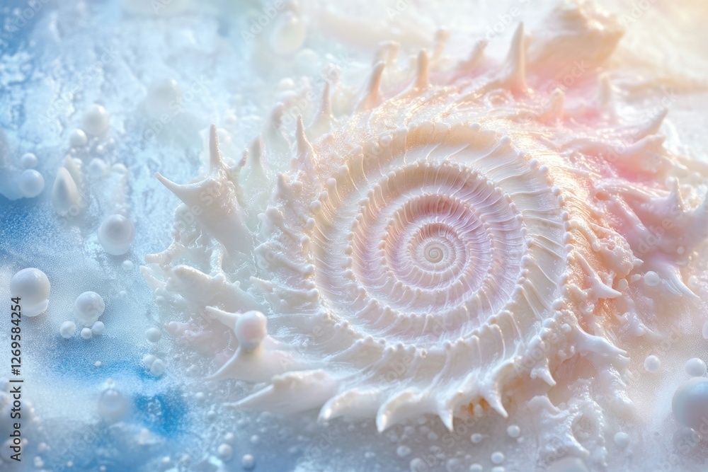 Poster a mesmerizing close-up of a spiraled seashell submerged in a dreamy, bubbly liquid.