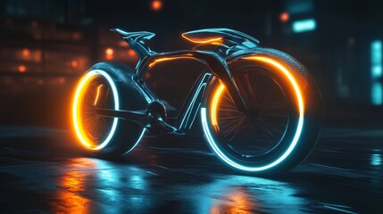 3D futuristic bicycle concept with glowing wheels and a carbon fiber frame. 