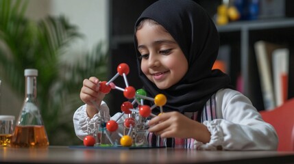 Young student in hijab exploring molecular structure model during chemistry class, demonstrating engagement in STEM education with colorful atom connections and genuine smile.