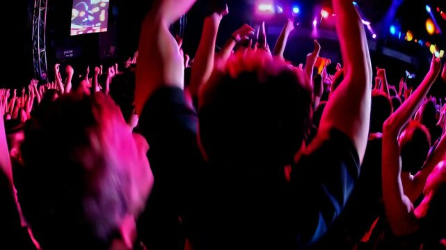 Crowd of people moving rhythmically into the groove with their arms raised, showing horns gesture
