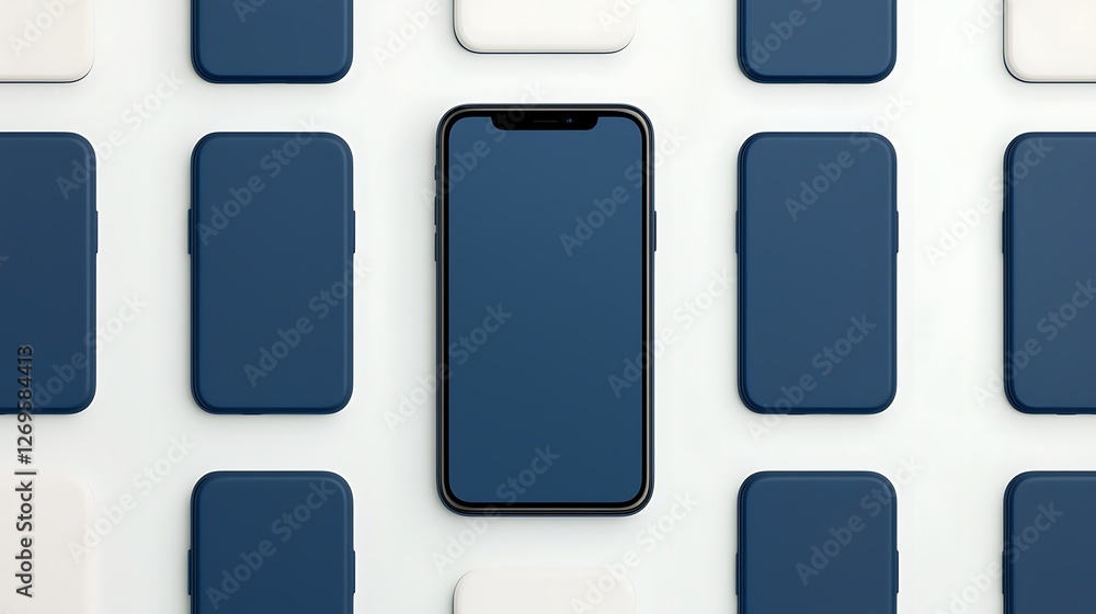 Poster a modern display of smartphones arranged symmetrically, featuring different colors and a central dev