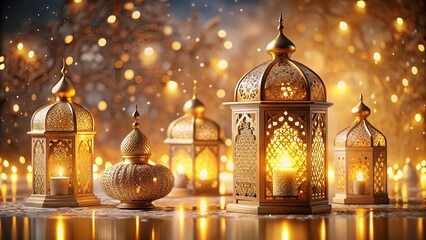 Obraz premium ramadan kareem New Background Ornate Arabic lanterns glowing candles, Ramadan decorations, golden domes, Islamic patterns, soft bokeh background