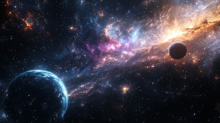 Vast Cosmic Landscape with Colorful Nebula and Planets in Space