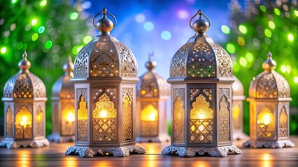 Obraz premium ramadan kareem New Background Ornate Arabic lanterns glowing candles, Ramadan decorations, golden domes, Islamic patterns, soft bokeh background