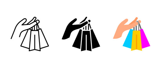 Shopping icon. Hand holding bags sign. Retail and purchase symbol. Consumer goods pictogram. Store sale and commerce illustration.