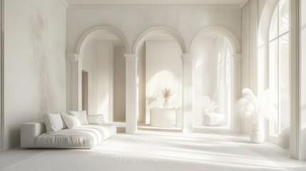 Naklejka premium Sunlit white minimalist living room interior design