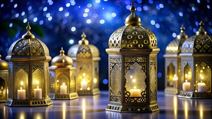 Obraz premium ramadan kareem New Background Ornate Arabic lanterns glowing candles, Ramadan decorations, golden domes, Islamic patterns, soft bokeh background