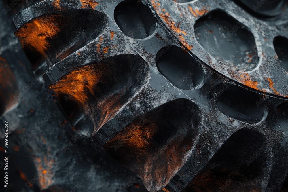 Poster close-up of a rusty, dark metallic gear, showing intricate details and texture.