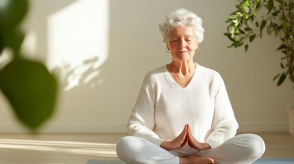 Elderly woman with closed eyes in white clothes enjoying meditation sitting on pillow in room with plant, minimalist interior. Copy space. Concept: slow life, therapeutic laziness, hobby, calm