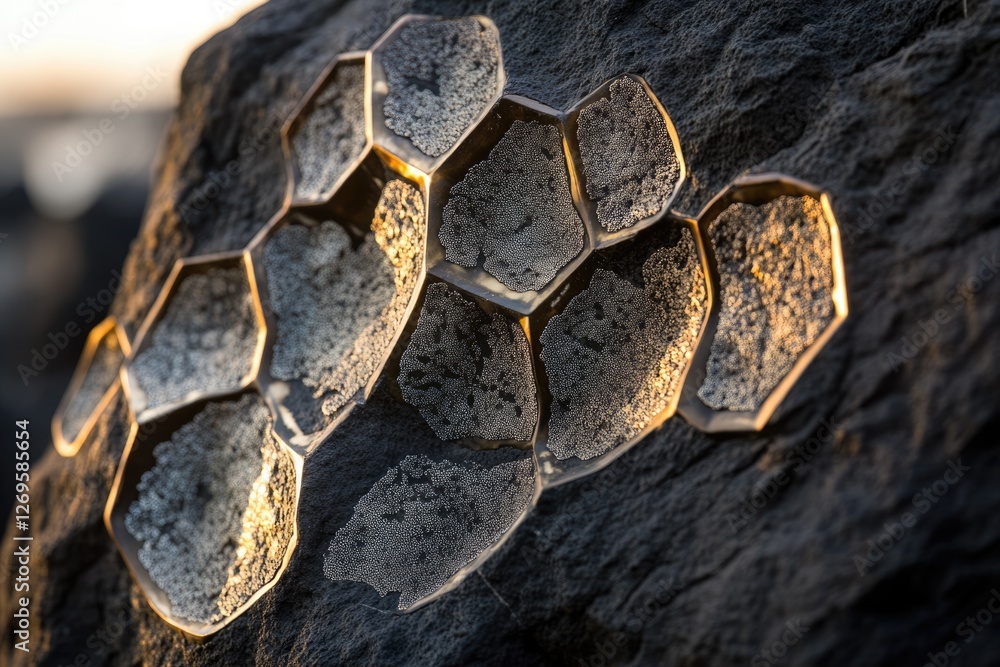 Poster close-up of a dark rock surface with geometric, honeycomb-like structures filled with tiny, light-re